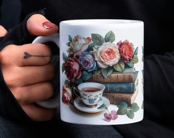 Floral Books with Cup of Tea Mug Wrap, Books and Flowers 11oz & 15oz Mug Sublimation Design, Roses and Books Mug Wrap PNG, Book Lover's Mug