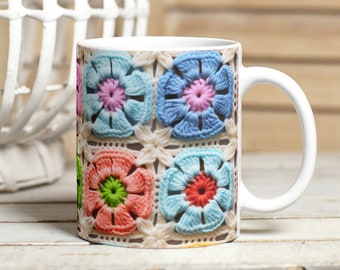 Crocheted Granny Squares Mug Wrap, Boho Shabby Chic Mug Sublimation, 11 oz & 15 oz Vintage Crochet Afghan Style Mug Sublimation Design PNG