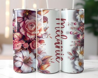 Add Your Name Floral Tumbler Wrap, Add Text Roses, Lilies & Pearls 20oz Skinny Tumbler Sublimation Design, 3D Seamless Floral Tumbler Wrap
