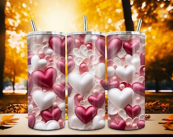 3D Red and Pink Hearts Tumbler Wrap, Seamless Valentine Puff Hearts 20 oz Skinny Tumbler Sublimation Design, 3D Straight Tumbler Wrap PNG