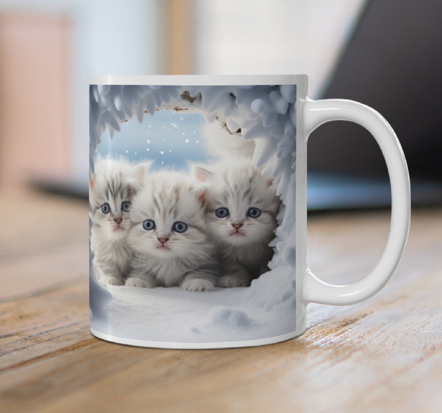 3D Kittens Hole in a Snow Wall Mug Sublimation, Cute Kitten Christmas Mug Wrap, 11oz and 15oz Mug Sublimation Design, Instant Download PNG