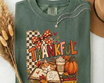 Cute Thanksgiving Shirt, Comfort Colors Coffee & Book Lovers Shirt Gift, Thankful Pumpkin Fall Tshirt, Retro Cat Lovers Thanksgiving Tee