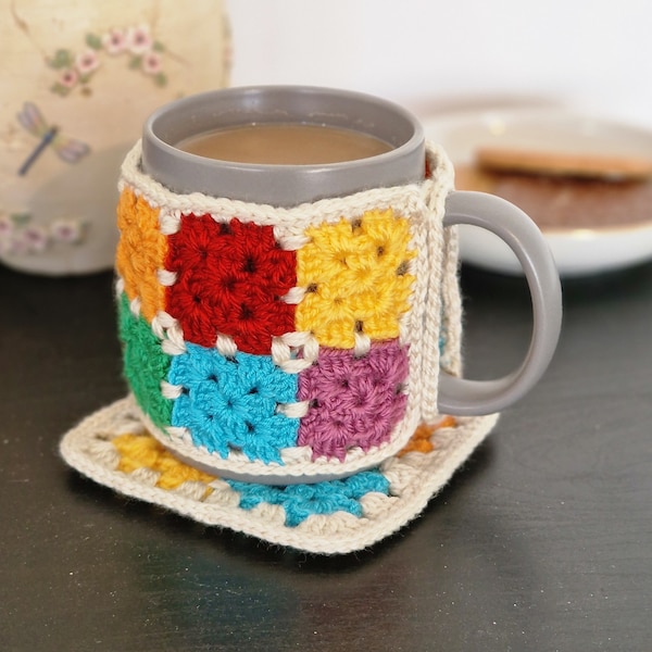 Crocheted Rainbow Mug Cozy and Coaster Set, Granny Squares Crochet Mug Cosy Handmade Boho Coffee Cup Warmer and Coaster Accessories Gift Set