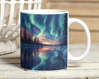 Owijka na kubek Northern Lights PNG, 11oz i 15oz Aurora Borealis Kubek z sublimacją, natychmiastowe pobranie Owijka na kubek Forest River Night Landscape