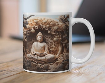 3D Meditating Buddha Mug Wrap, Carved Buddha Mug Sublimation Design, 11oz And 15oz Mug Template, 3D Spiritual Wood Effect Buddha Mug PNG