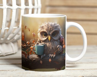 3D Owl Mug Wrap, Coffee Lovers Mug Sublimation Design, 11oz and 15oz Bird Mug Template, 3D Scruffy Owl with Coffee Mug Instant Download PNG