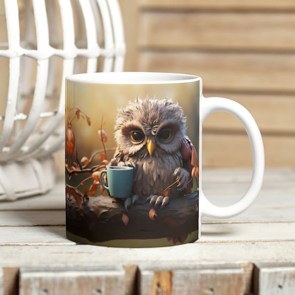 3D Owl Mug Wrap, Coffee Lovers Mug Sublimation Design, 11oz and 15oz Bird Mug Template, 3D Scruffy Owl with Coffee Mug Instant Download PNG