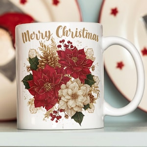 Sublimeringsdesign för guldfärgad god julmugg, vintage blommig julmugg med 11oz och 15oz-motiv, PNG-motiv för julstjärnor och järnekbär