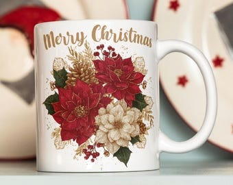 Gold Merry Christmas Mug Sublimation Design, Vintage Floral Christmas 11oz and 15oz Mug Wrap PNG, Poinsettias & Holly Berries Mug Wrap