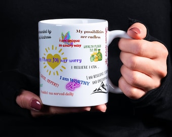 Positive Affirmations Mug Wrap, Daily Affirmation Mug Sublimation Design, 11oz & 15oz Self Love Positivity Mug Sublimation Transparent PNG