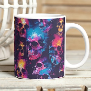 Neon Skulls Mug Wrap, Spooky Halloween 11oz & 15oz Mug Sublimation Design, Instant Download Glowing Skulls Mug Wrap PNG