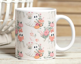 Book Reading Ghosts Mug Wrap PNG, Cute Halloween 11oz & 15oz Mug Sublimation Design, Vintage Floral Ghosts Pumpkins Mug Wrap, Fall Vibes PNG