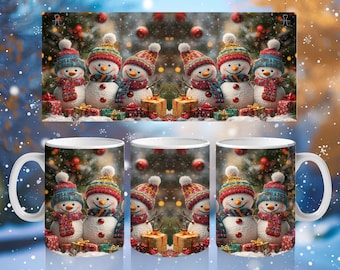 Schneemann-Weihnachtsbecher-Verpackung, niedliche Schneemann-Familie 11 Unze und 15 Unze Becher Sublimationsdesign, sofortiger Download Festliche Geschenke Becherverpackung PNG