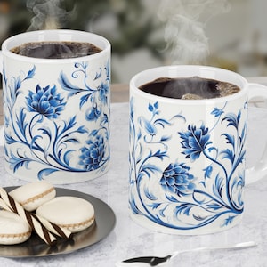 Blue Floral Mug Wrap, Flowers Mug Sublimation Design,  11oz and 15oz Instant Download Iznik Ceramic Style Floral Mug Wrap Design PNG
