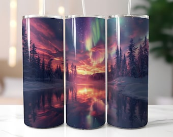 Aurora Borealis Tumbler Wrap, Northern Lights 20oz Skinny Tumbler Diseño de sublimación, Bosque de nieve, Paisaje del río Skinny Tumbler Wrap PNG