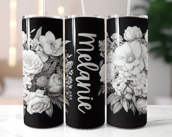 Add Your Own Text Floral Tumbler Wrap, Customise Black & White Floral 20oz Skinny Tumbler Sublimation Design, Add Name Flowers Tumbler Wrap