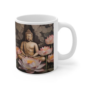 May include: White ceramic mug with a colorful image of a golden Buddha statue meditating in a field of pink lotus flowers.
