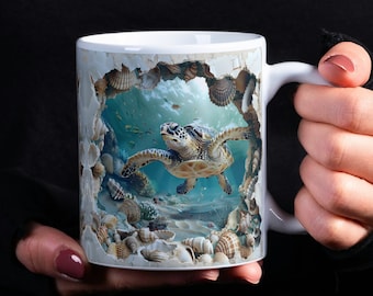 3D Sea Turtle Hole in a Wall Mug Wrap, 3D Sea Turtle and Seashells 11oz & 15oz Mug Sublimation Design, Ocean Floor Sea Turtle Mug Wrap PNG