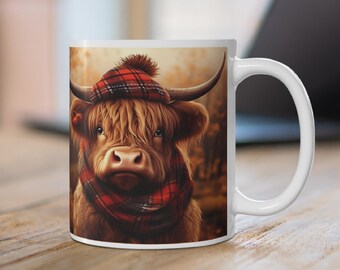 Emballage 3D de tasse de vache Highland, sublimation de tasse de vache Highland avec écharpe, conception de sublimation de tasse de fermiers de 11 oz et 15 oz, téléchargement immédiat de tasse PNG