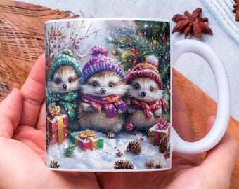Cute Christmas Animals Mug Wrap, Festive Hedgehogs 11oz & 15oz Mug Sublimation Design, Sparkly Christmas Hedgehogs with Gifts Mug Wrap PNG