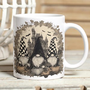 Checkered Hat Gnomes and Pumpkins Mug Sublimation Design, Floral Halloween Gnomes 11oz & 15oz Mug Wrap PNG, Autumn Gnomes and Bats Mug Wrap
