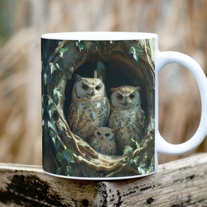 3D Owls Hole in a Tree Mug Wrap, Owl Family 11oz and 15oz Mug Sublimation Design, Instant Download 3D Birds Mug Wrap PNG