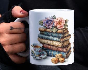 Floral Books Mug Wrap, 11oz & 15oz Books Mug Sublimation Design, Roses, Books and Tea Mug Wrap PNG, Book Lover's Mug Wrap, Instant Download