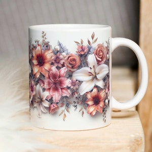 Lilies Mug Wrap, White and Pink Lily Flowers 11oz & 15oz Mug Sublimation Design, Instant Download 3D Floral Mug Wrap, Roses Mug Wrap PNG