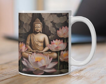 Meditating Buddha Mug Wrap, Buddha with Lotus Flowers Mug Sublimation Design, 11oz And 15oz Buddhism Spiritual Mug Sublimation PNG Template