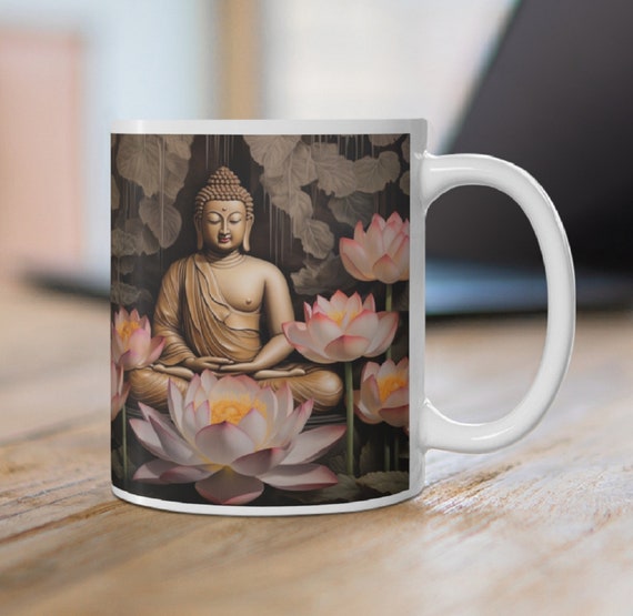 Meditating Buddha Mug Wrap, Buddha with Lotus Flowers Mug Sublimation Design, 11oz And 15oz Buddhism Spiritual Mug Sublimation PNG Template