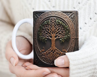 3D Tree of Life Mug Wrap, 3D Leather Effect Tree of Life Mug Sublimation Design, 11oz And 15oz Buddhism Spiritual Mug Sublimation Template