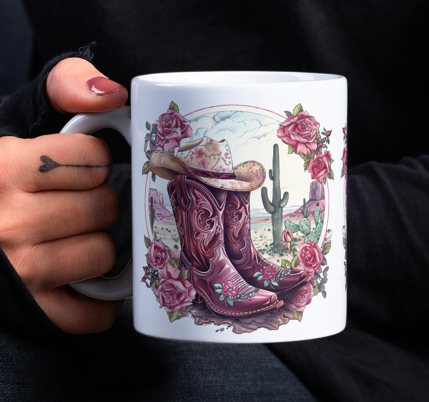 Floral Cowgirl Boots Mug Wrap PNG, Purple Western Country Boots & Hat 11oz and 15oz Mug Sublimation Design, Cowgirl Boots Roses Mug Wrap