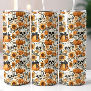 Skulls & Pumpkins Tumbler Design PNG, Floral Skull 20oz Skinny Tumbler Sublimation Design, Seamless Sunflowers Skulls Tumbler Wrap