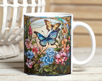 Buntglas-Blumenbecher-Sublimation, lebendige Blumen und Schmetterlinge-Tassenverpackungsdesign, 11oz und 15oz romantische Tassenverpackung, sofortiger Download PNG