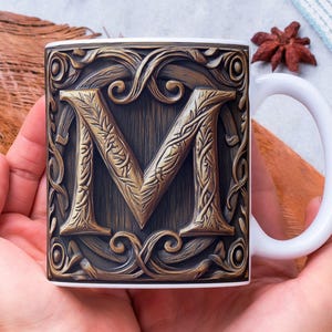 Envoltura para taza con monograma M PNG, envoltura para taza con alfabeto 3D de 11 oz y 15 oz, diseño de sublimación de taza con letra M con efecto madera 3D, monograma celta M PNG para hombre