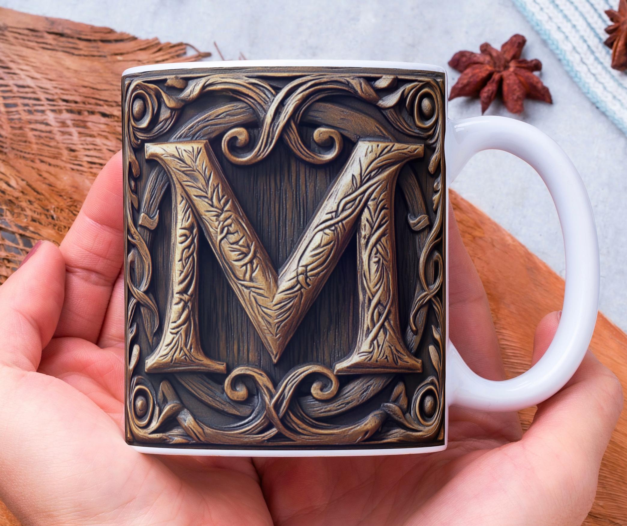 Monogram M Mug Wrap PNG, 3D Alphabet 11oz & 15oz Mug Wrap, 3D Wood Effect Letter M Mug Sublimation Design, Celtic Monogram M PNG for Man