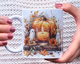Autumn Mood Mug Wrap, Pumpkins, Ghosts, Candle Mug Wrap, Fall Pumpkins 11oz & 15oz Mug Sublimation Design, Fall Pumpkins Halloween Mug Wrap