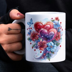 Glitzernde Blumen und Herzen Tassenfolie, Blumen und Schmetterlinge 11oz & 15oz Tassensublimationsdesign, glitzernde Blumenherzen Liebe Tassenfolie PNG