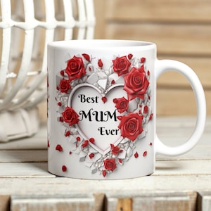 Beste Mama aller Mutter-Tagesbecher-Verpackung, rote Rosen-Herz 11 Unze und 15 Unze Becher Sublimationsentwurf, 3D rote Rosen-Herz auf einer Wand Blumenbecher-Verpackung PNG