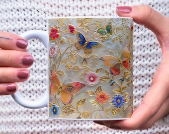 Envoltura para taza con mariposas y flores doradas PNG, diseño de sublimación para tazas de mariposas florales de 11 oz y 15 oz, descarga instantánea de envoltura para taza con mariposas 3D