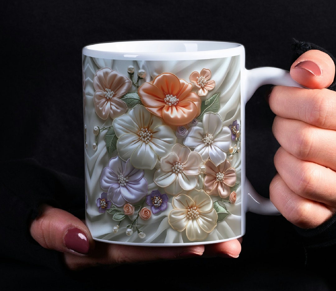 3D Floral Mug Wrap, Ribbon Embroidery Flowers 11oz and 15oz Mug ...