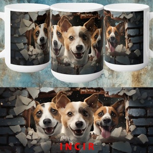 3D Jack Russell Dog Hole in a Wall Mug Wrap Design, Christmas Dog Puppy Animal Mug Sublimation PNG Image, Jack Russell Dog 11oz and 15oz Mug