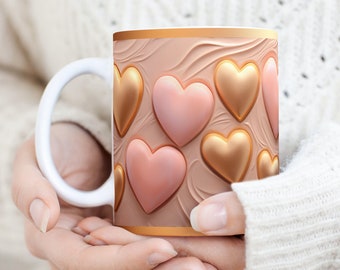 3D Valentines Day Mug Sublimation Design, Gold and Pink Puffy Hearts Mug Wrap, 3D 11oz & 15oz Valentine Hearts Mug Wrap, Mothers Day Mug PNG