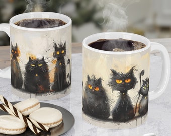 Envoltório de caneca com gatos engraçados, design de sublimação para canecas de gatos pretos de 11 oz e 15 oz, envoltório de caneca com gatos mal-humorados e desalinhados de Halloween PNG, design de caneca para amantes de gatos PNG