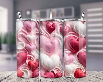 3D Valentine's Day Hearts Tumbler Wrap, Seamless Red and Pink Hearts 20 oz Skinny Tumbler Sublimation Design, Straight Tumbler Wrap PNG