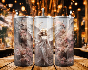 May include: Three stainless steel tumblers with a white angel and pink flowers design. The angel is depicted with wings and a flowing gown. The flowers are delicate and intricate.