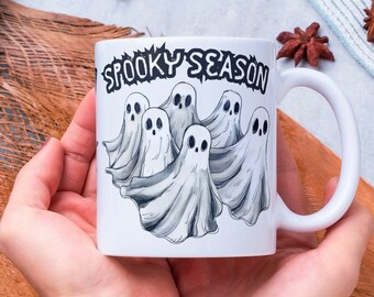 Spooky Season Ghosts Mug Wrap, Black & White Spooky Halloween 11oz and 15oz Mug Sublimation Design, Digital Download Cute Ghost Mug Wrap PNG