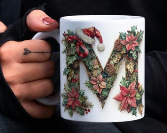Weihnachtsmonogramm M Becherverpackung, Weihnachtsalphabet M Becherverpackung PNG, Buchstabe M mit Weihnachtsmütze, Weihnachtsstern 11 Unzen & 15 Unzen Becher Sublimationsentwurf
