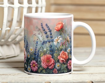 Watercolour Roses Mug Sublimation Design, 11oz & 15oz Pink Flowers Mug Wrap, Instant Download Roses, Daisies, Lavenders Floral Mug Wrap PNG