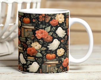 Vintage Books Ghosts Mug Wrap PNG, Cute Halloween 11oz & 15oz Mug Sublimation Design, Floral Ghosts Pumpkins Mug Wrap, Bookish Fall Mug PNG